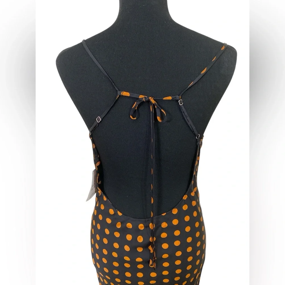 For love & lemons Morgan satin rust polka dot cowl neck open back slip dress